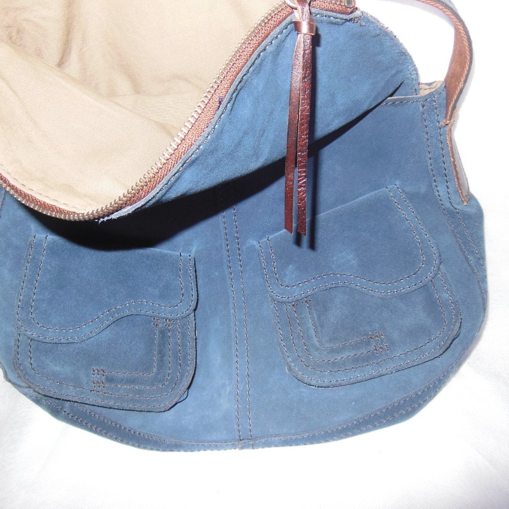 Lucky Brand Blue Suede Shoulder Bag with Brown Strap - Picture 8 of 14